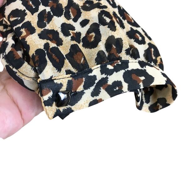 Guess Mobwife Semi Sheer Leopard Print V Neck Long Sleeve Button Front Blouse - Picture 14 of 16